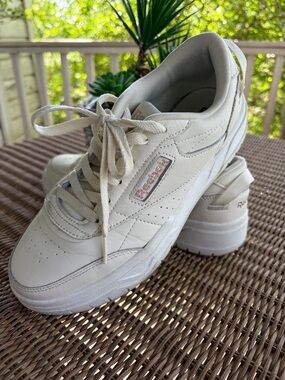 Reebok Women's White Leather Platform Sneakers with Subtle Beige Logo